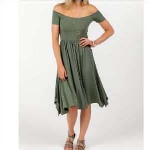 Francescas off the shoulder green midi dress!